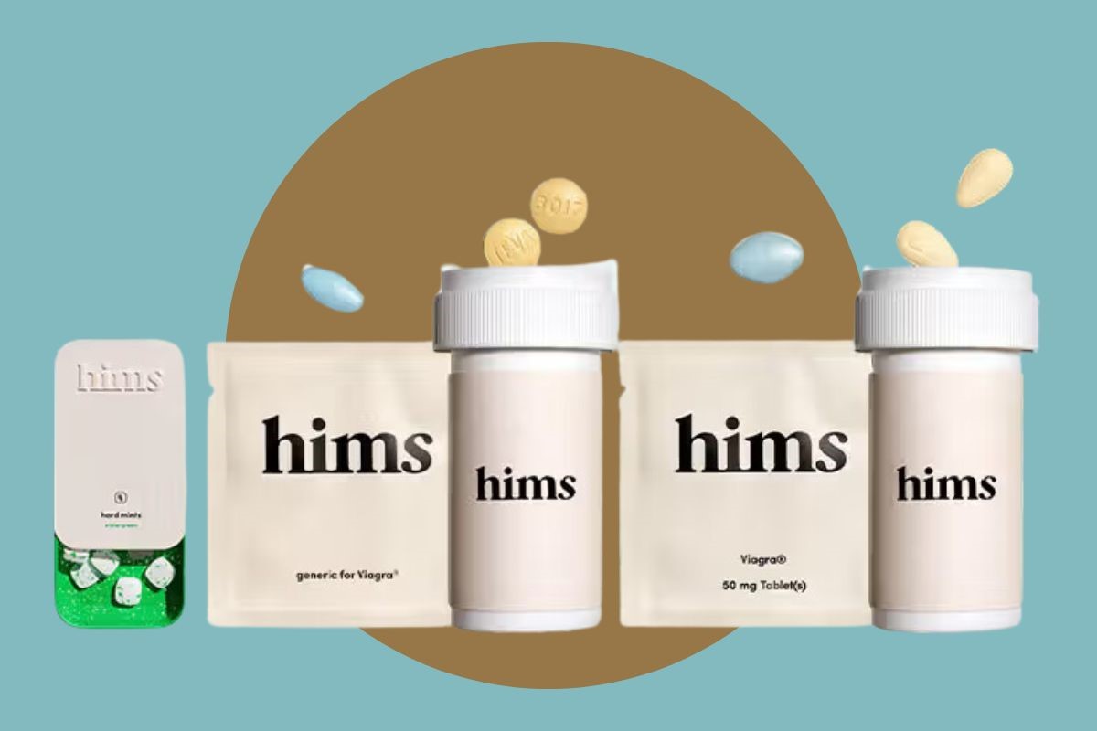 Various 'hims' products, including bottles, packets, and tablets, displayed on a teal and brown background.