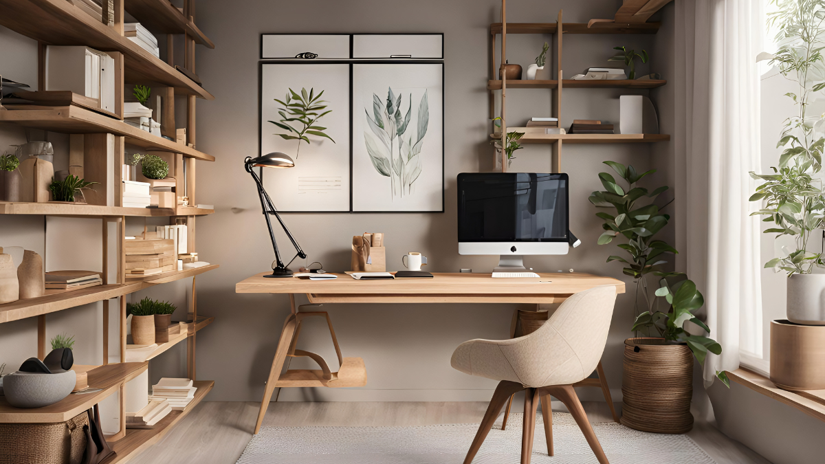 Cozy home office with wooden desk, shelves, decor, and plants, featuring a computer and framed botanical art.