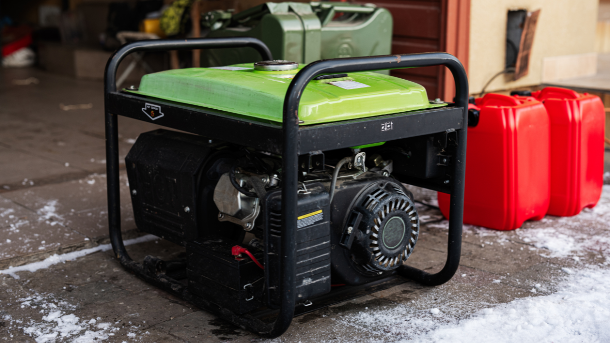 Close-up of a portable generator with a green top, set on a snowy surface with red fuel containers in the background.