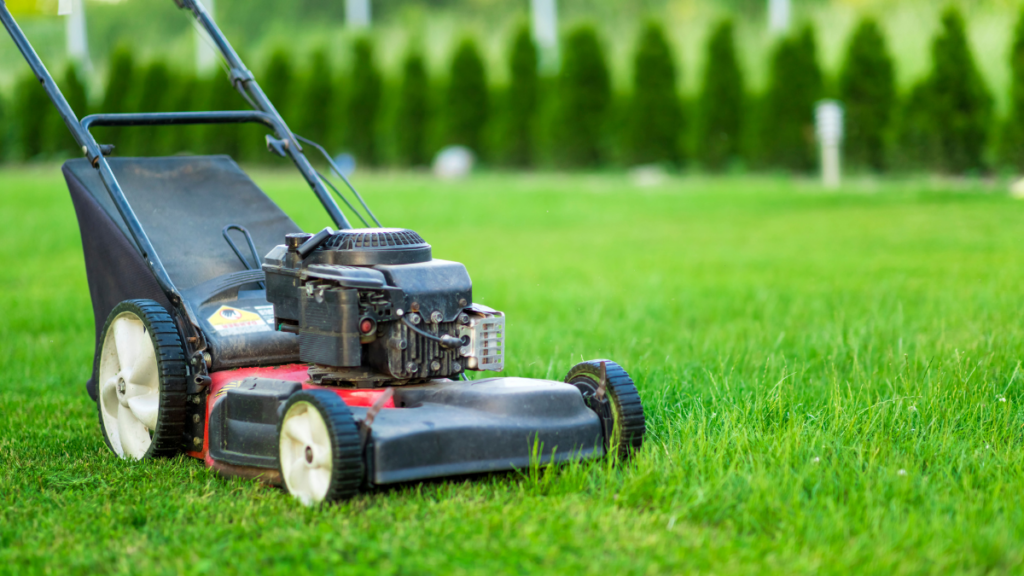 Close-up of a push lawn mower on a freshly mowed, vibrant green lawn, ready for outdoor garden maintenance.