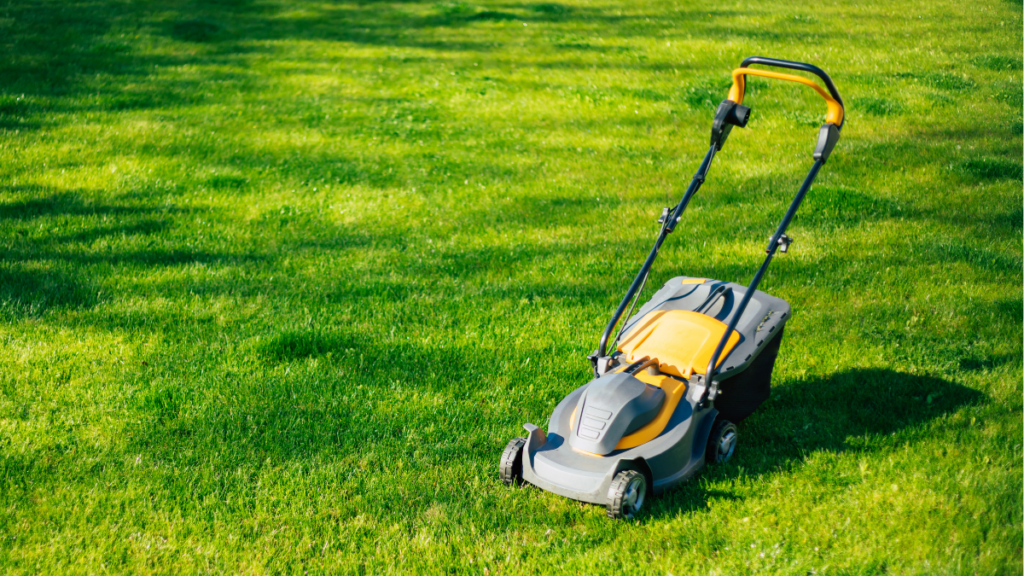 Modern electric lawn mower on a sunlit, lush green lawn, highlighting convenient yard care equipment for easy garden maintenance.