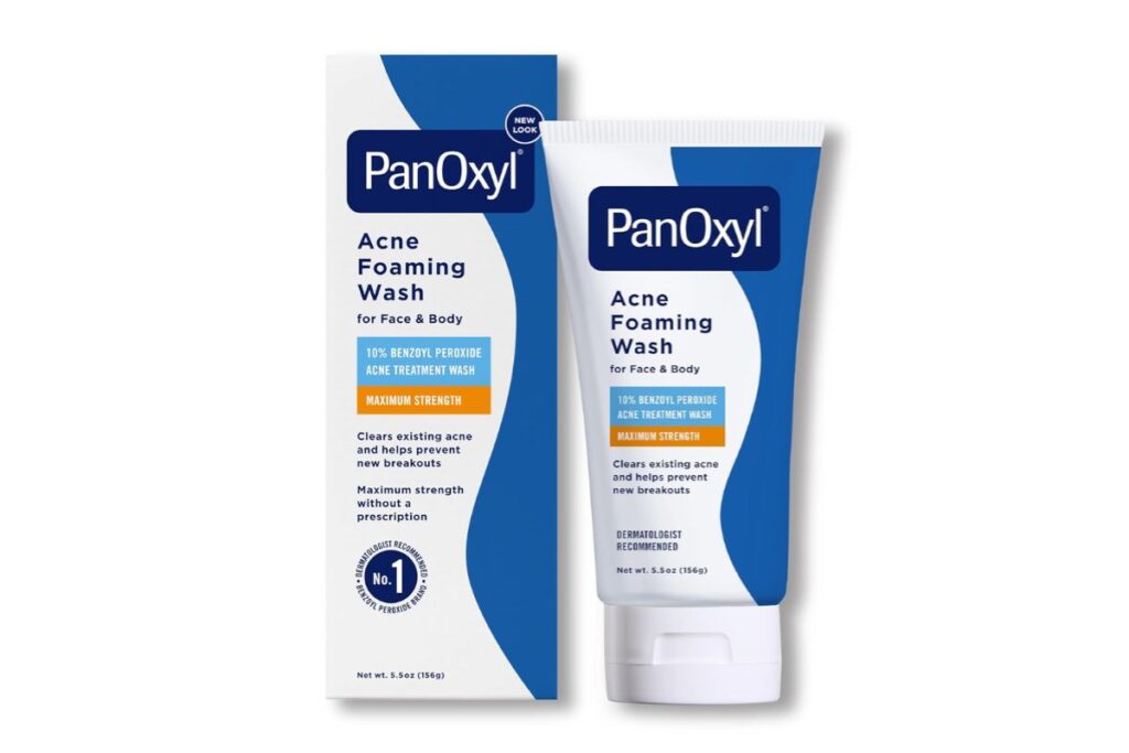 PanOxyl Acne Foaming Wash with 10% benzoyl peroxide in a tube and box, designed for face and body acne treatment.