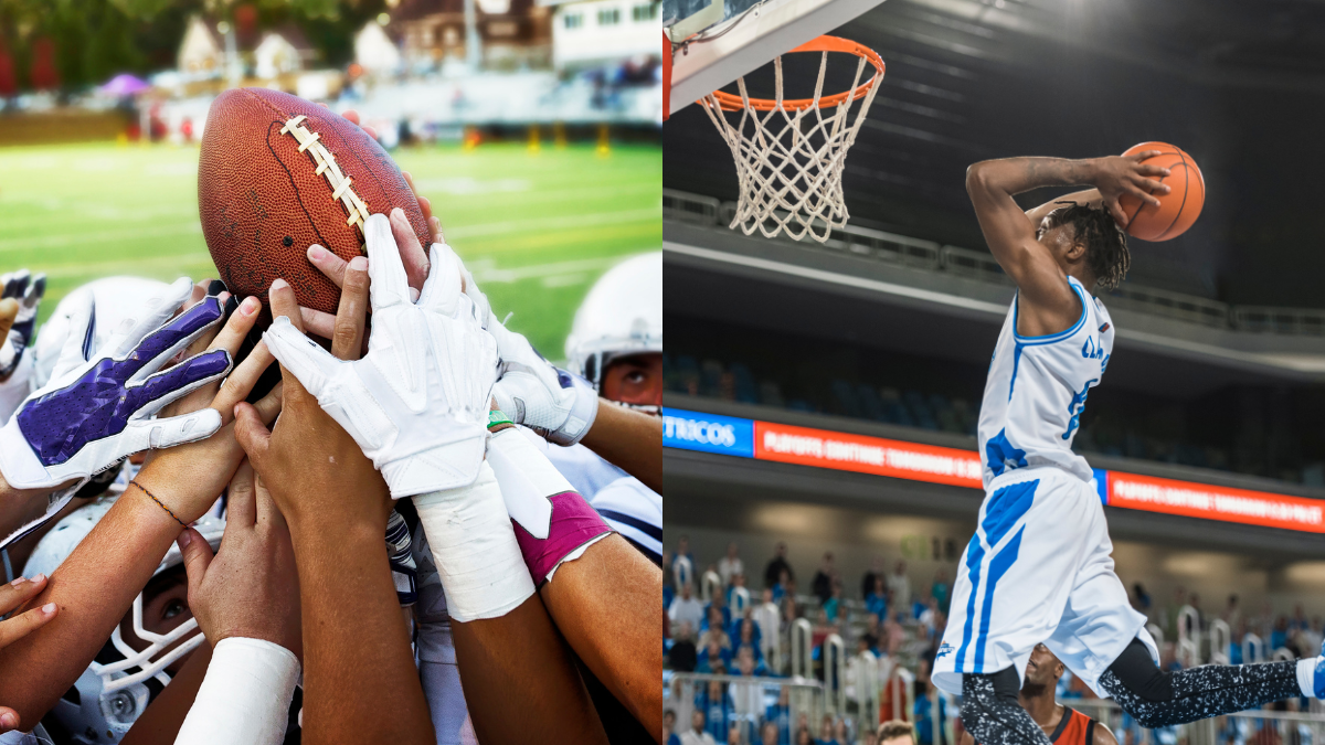 A composite image: football players unite hands holding a football, and a basketball player executes a slam dunk in an arena.