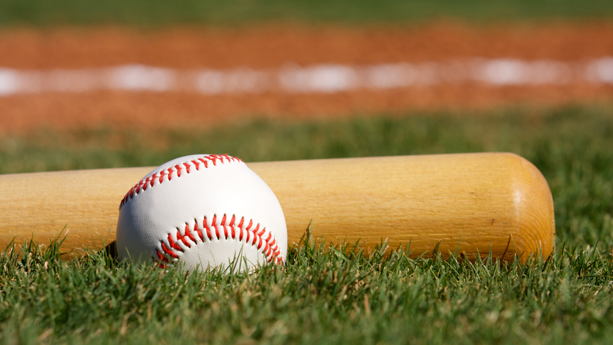A close-up of a baseball and wooden bat resting on green grass, with a blurred field in the background.