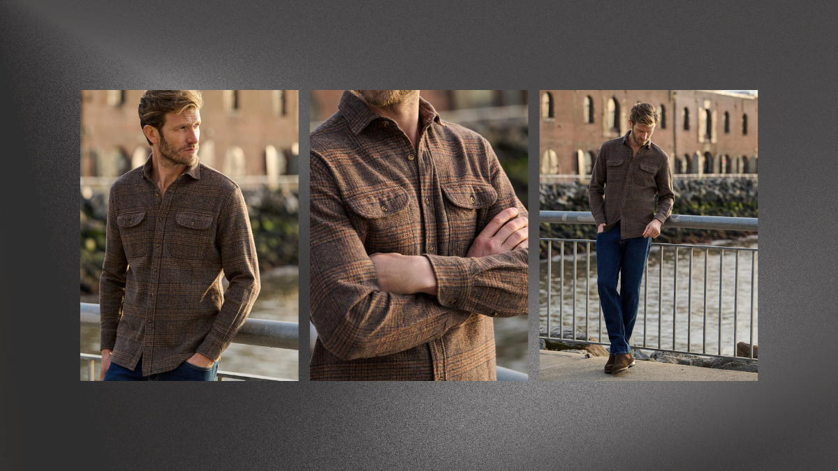 A stylish brown plaid shirt showcased in various poses: a close-up of the fabric details, a model casually standing by a railing, and another striking a confident pose, set against a waterfront urban backdrop.