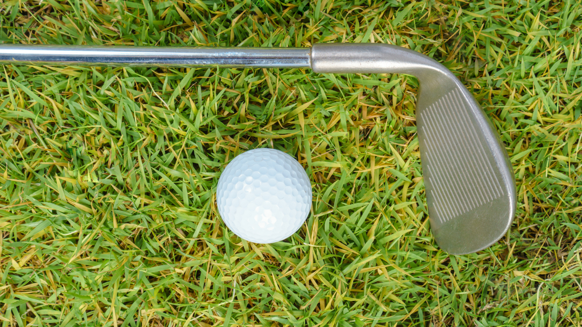 A close-up of a golf club positioned next to a white golf ball on vibrant green grass, ready for the perfect swing.