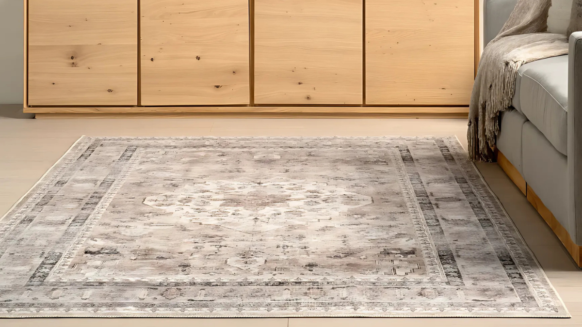 Elegant vintage-style rug with a muted, intricate pattern, adding warmth and sophistication to a cozy living room setting.