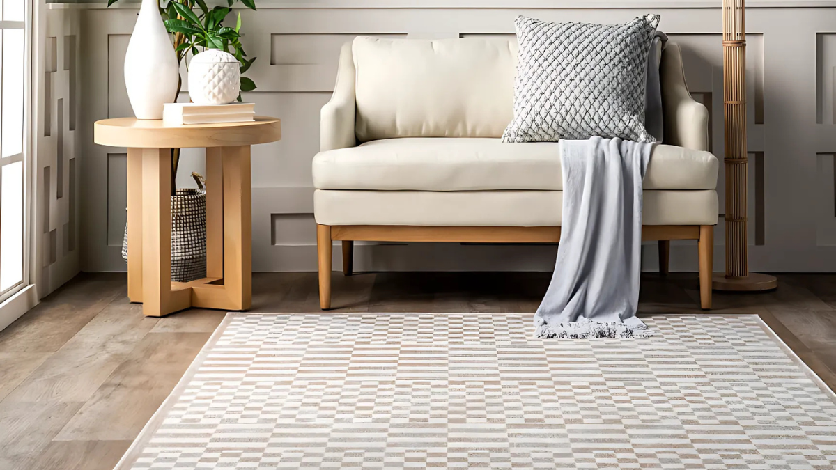 Modern living space featuring a stylish blue armchair with gold accents, a textured bench with minimalistic decor, and a chic abstract area rug on a wooden floor for an elegant touch.