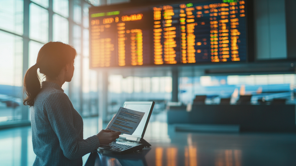A traveler looking at a flight schedule on a laptop with a large departures board visible in the background at the airport.