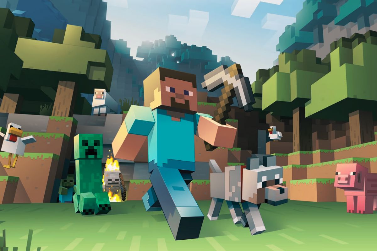 A blocky character from Minecraft holds a pickaxe, accompanied by a wolf, as they explore a grassy area with various animals and hostile creatures nearby.