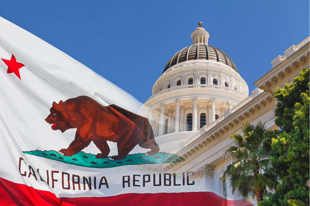 The California state flag overlaid on an image of the California State Capitol building under a clear blue sky.