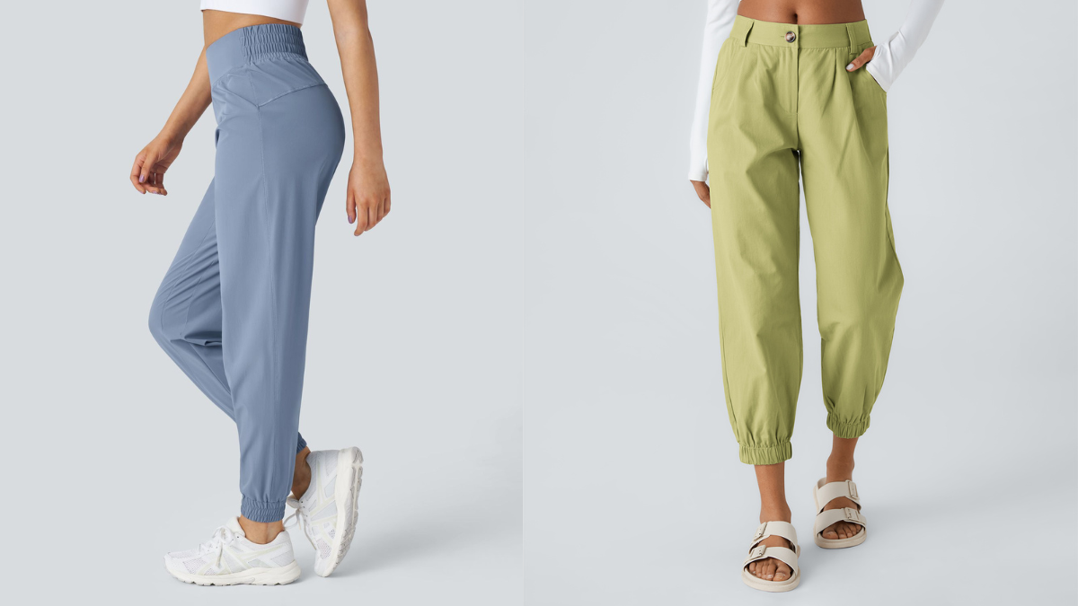 Two models wearing joggers: one in blue with white sneakers, the other in light green with white sandals, against a light gray background.