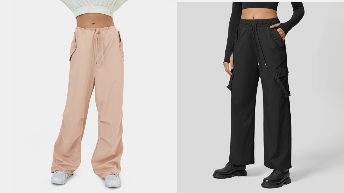 Two models wearing cargo pants: one in light pink with a drawstring waist and white sneakers, and the other in black cargo pants with pockets, paired with black shoes and a long-sleeve crop top, against a neutral background.