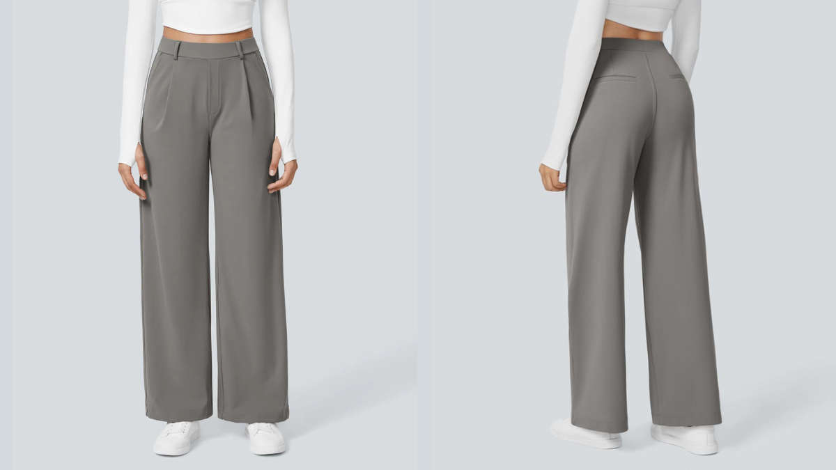 A model wearing high-waisted, wide-leg gray trousers with a tailored fit, shown from the front and back, paired with a white long-sleeve crop top and white sneakers, against a light gray background.