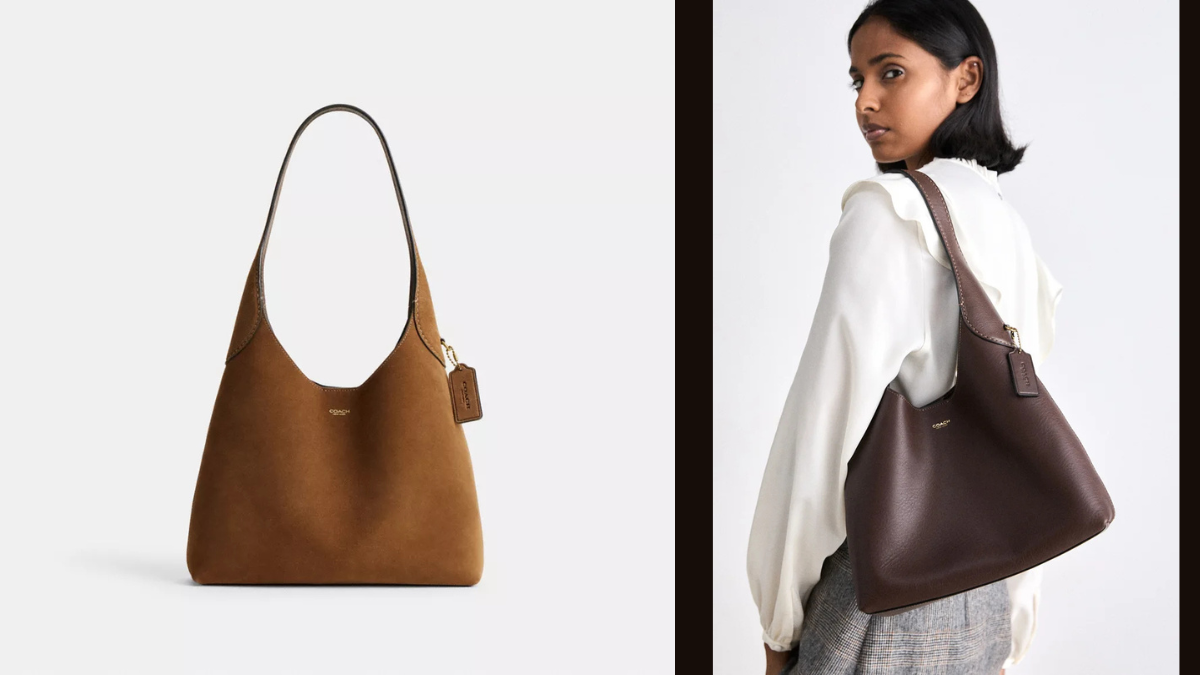 Elegant brown leather handbags displayed side-by-side: one photographed individually and the other worn by a model in a white blouse, highlighting its versatile style.