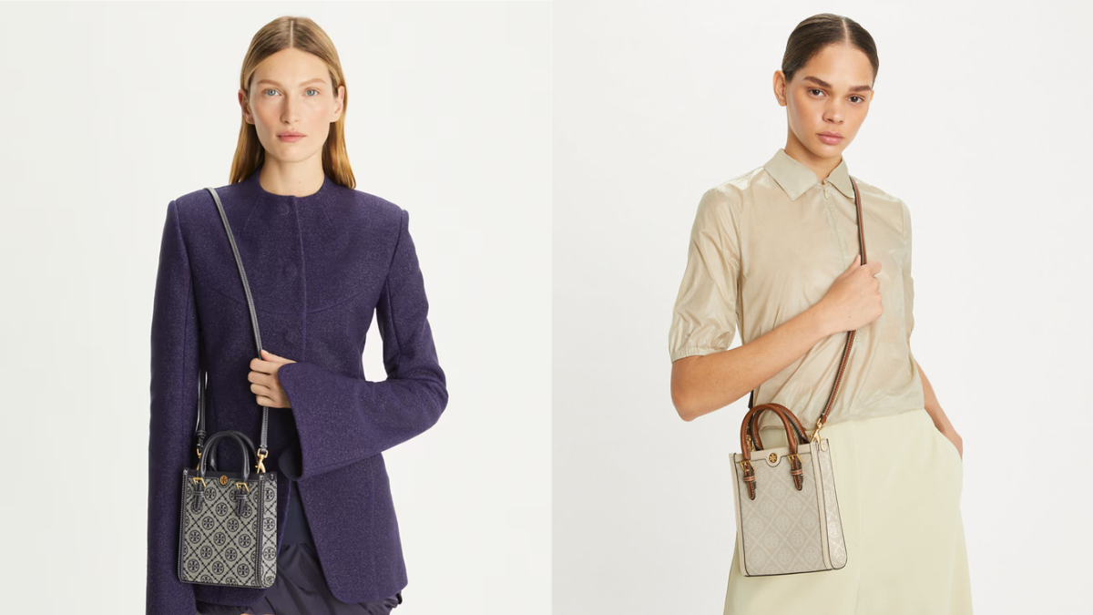 Two models showcasing designer handbags: one styled with a deep purple blazer and the other with a beige blouse and skirt, emphasizing versatility and elegance in fashion.