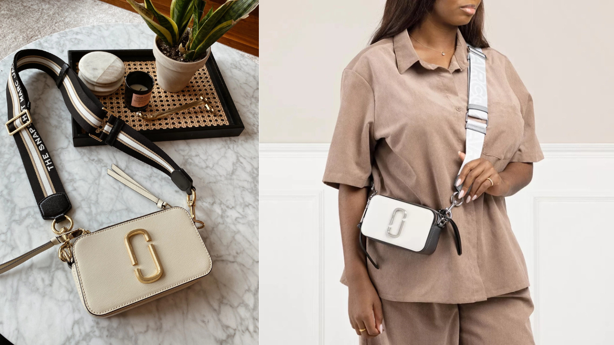 Stylish white crossbody bag with gold hardware: featured on a marble surface with chic decor on the left, and elegantly styled on a model wearing a neutral beige outfit on the right.