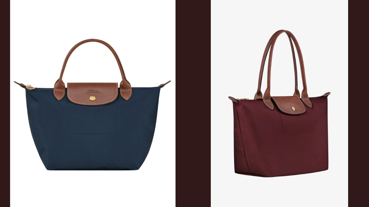 Classic navy and burgundy tote bags with brown leather handles and accents, showcasing an elegant and versatile design perfect for everyday use.
