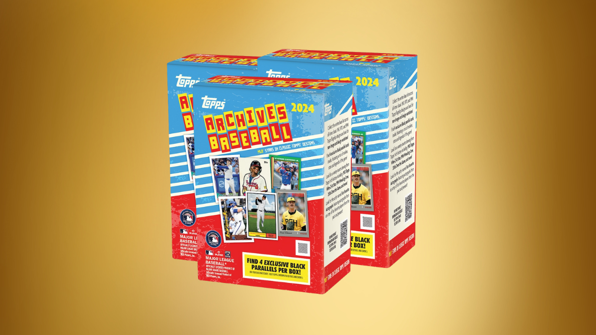 Two boxes of 2024 Topps Archives Baseball trading cards displayed against a golden gradient background.