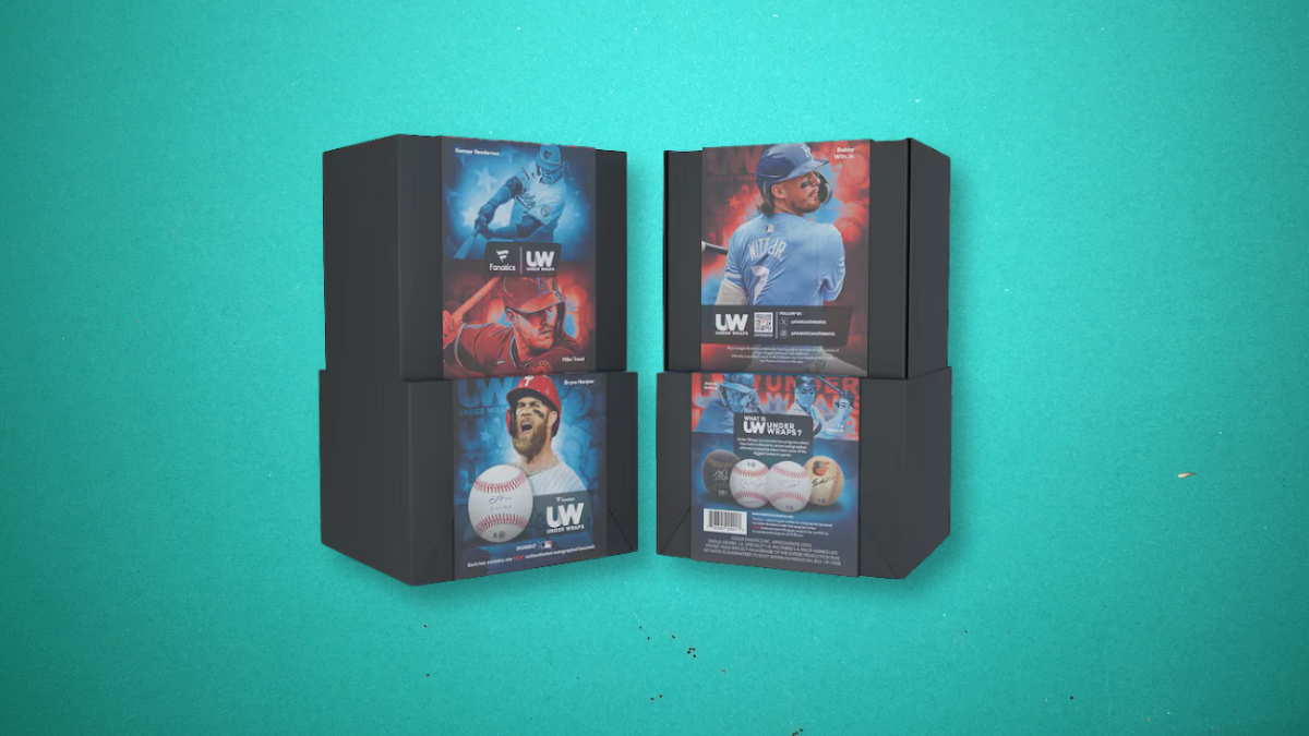 Four black boxes of LW autographed baseball collectibles, each featuring vibrant player images and product details, displayed against a teal background.