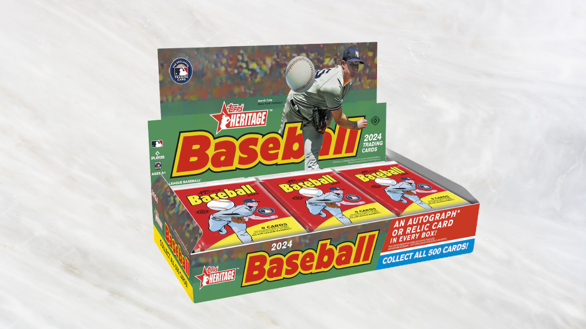 2024 Heritage Baseball trading cards box featuring vibrant packaging with player imagery, promising autographs or relic cards in every pack, displayed on a white marbled background.