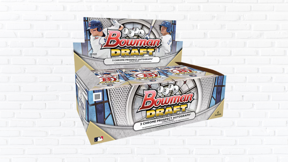 Bowman Draft 2024 trading cards box featuring dynamic player artwork and text highlighting 3 Chrome Prospect Autographs, displayed against a modern white brick background.