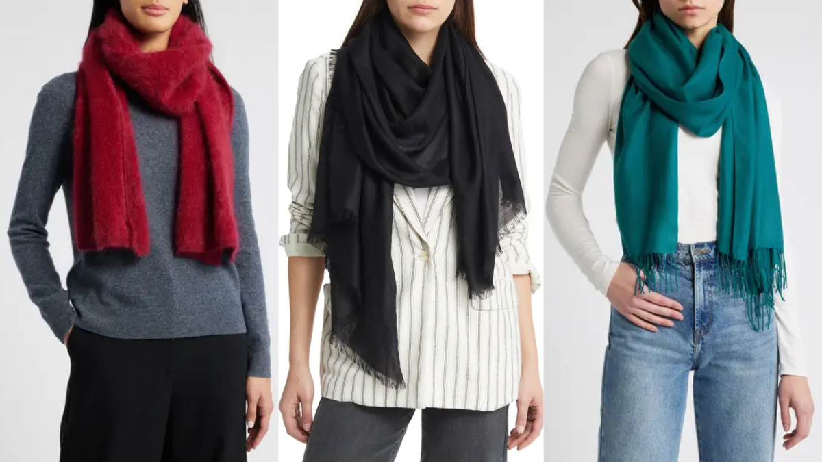Three stylish scarves in red, black, and teal, elegantly draped over models, showcasing cozy and versatile winter fashion accessories.