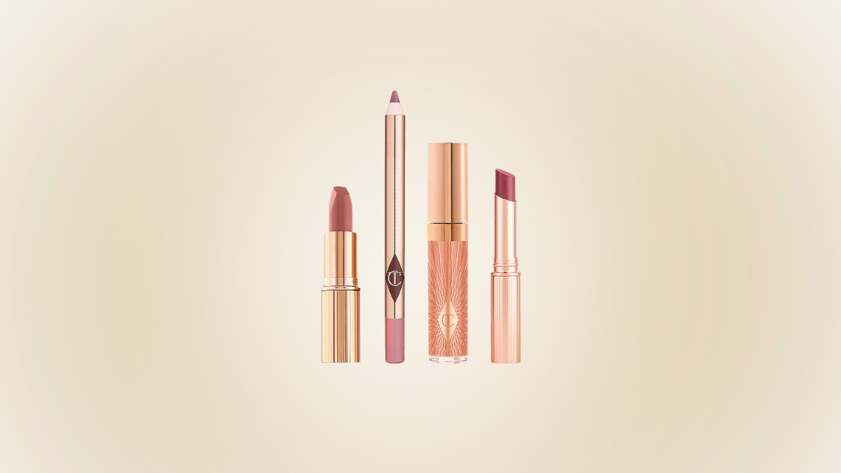 Elegant makeup set featuring a lipstick, lip liner, lip gloss, and tinted balm in rose-gold packaging, displayed against a soft beige gradient background.