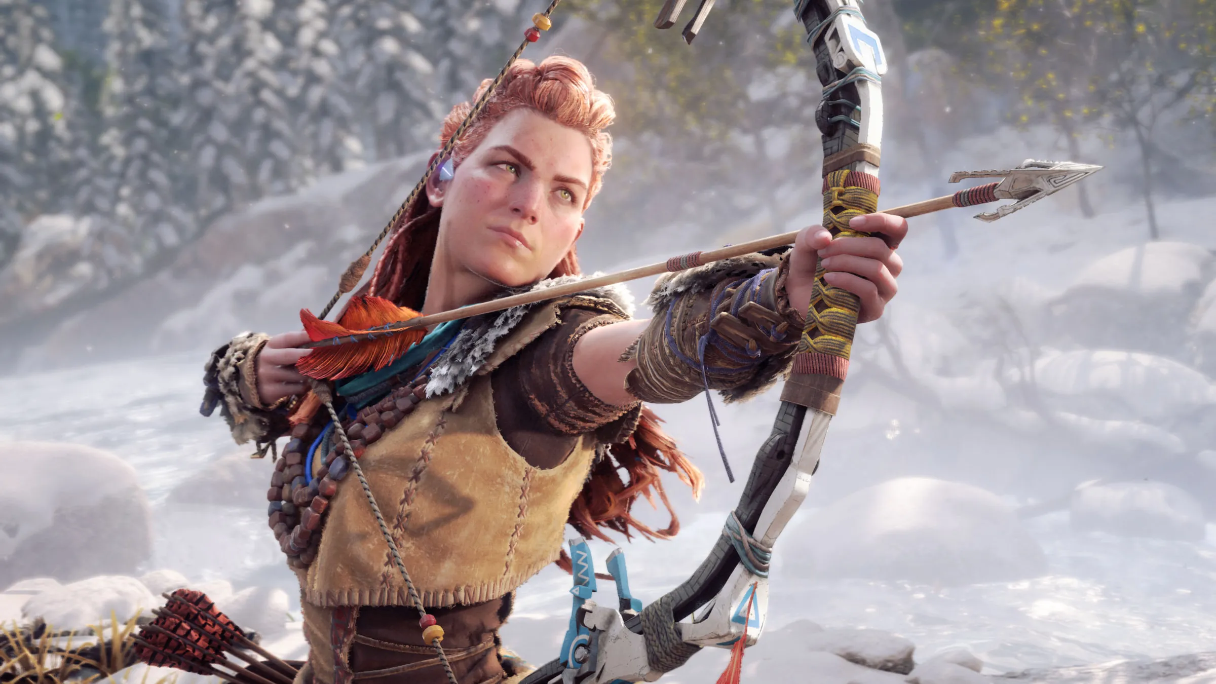 A female warrior with red hair aiming a bow and arrow in a snowy forest, wearing detailed tribal-inspired armor.