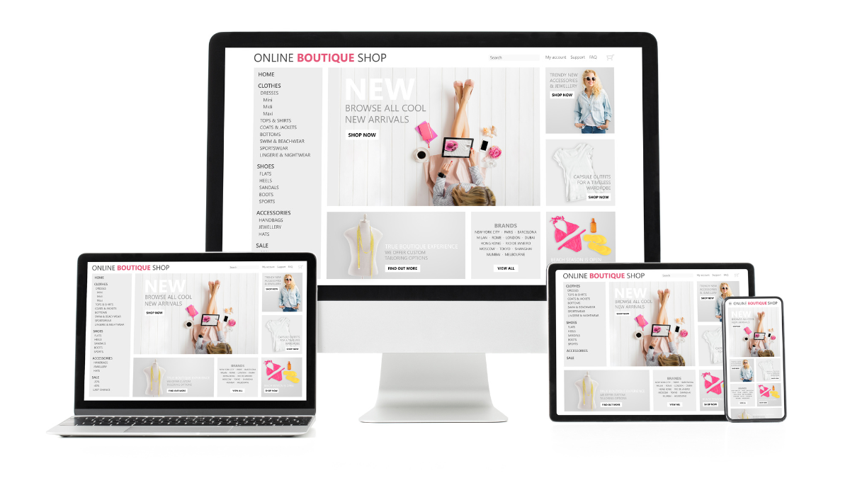 Responsive online boutique shop web design displayed on various devices.