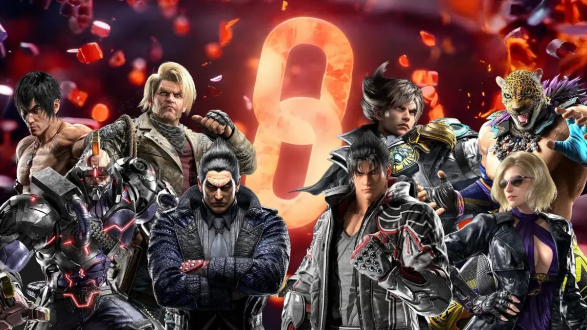 A group of characters from the fighting game "Tekken 8," featuring diverse fighters in dynamic poses, with the number "8" glowing in the background.