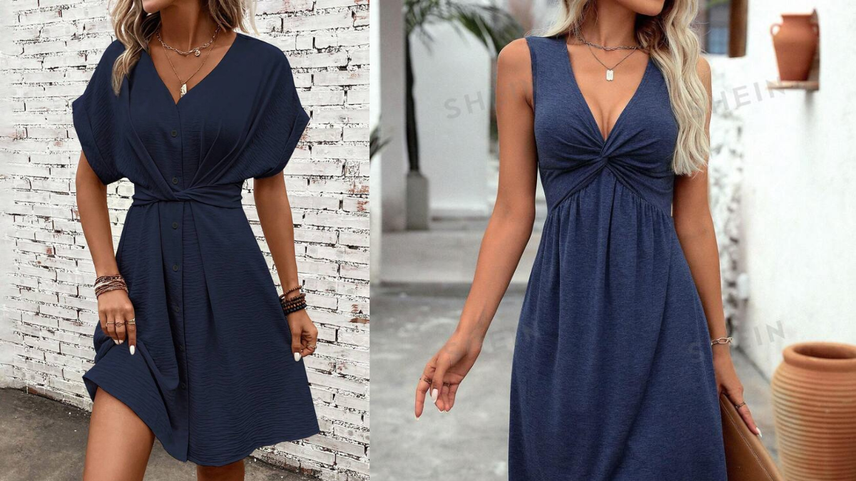 Two women wearing navy blue dresses. One wears a short-sleeve button-down dress with a cinched waist, while the other wears a sleeveless V-neck dress with a twist-knot detail.
