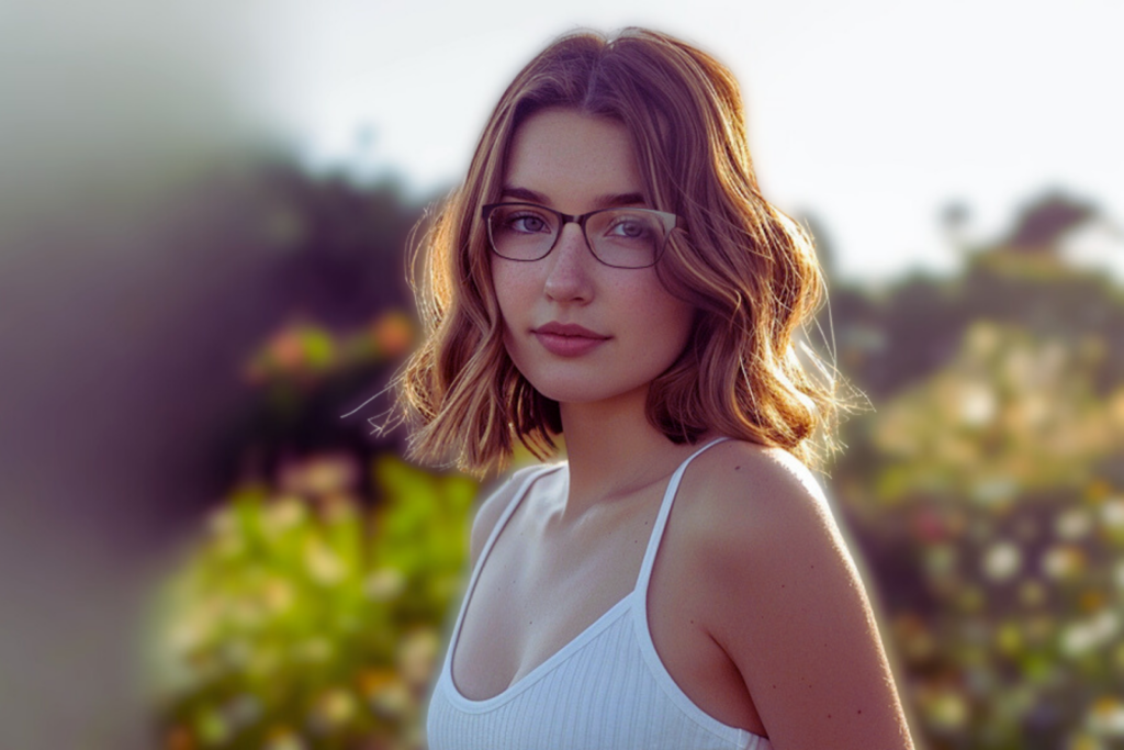 A young woman with short wavy hair and glasses, wearing a white tank top, standing outdoors with a blurred background of greenery and soft sunlight.