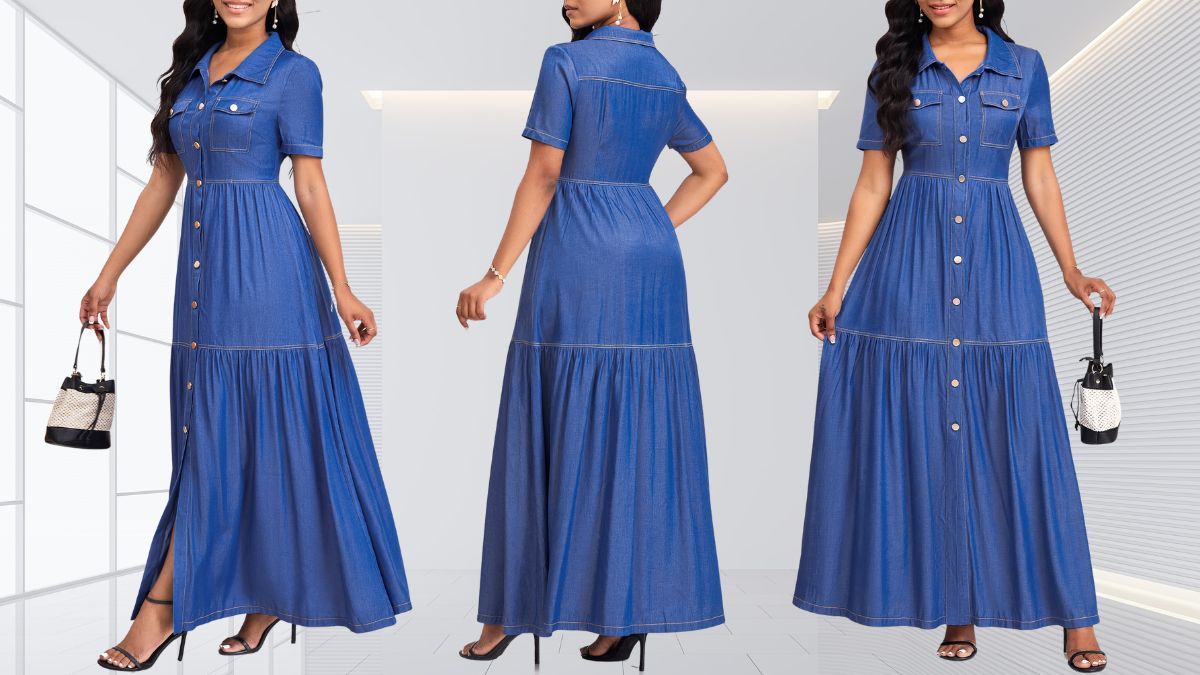 Effortlessly Chic: Button Denim Blue Maxi Short Sleeve Shirt Collar Dress Review
