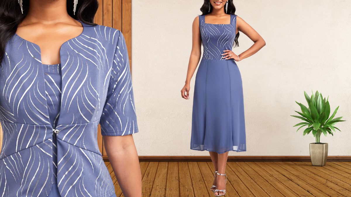 Elegant Moire Print Hot Stamping Dusty Blue Dress: A Rosewe Exclusive Review