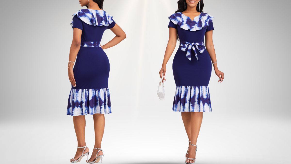 Ombre Mermaid Navy Short Sleeve Bodycon Dress – Flattering Fit for Every Occasion