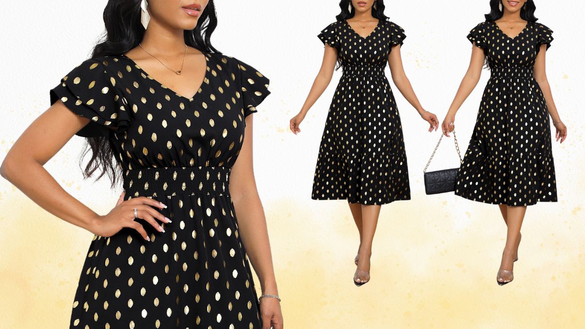 Polka Dot Hot Stamping Black Short Sleeve Dress: A Timeless Blend of Elegance and Comfort