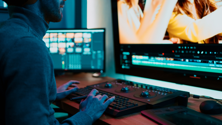A video editor working on a color grading panel, adjusting footage on a dual-monitor setup in a dimly lit studio.