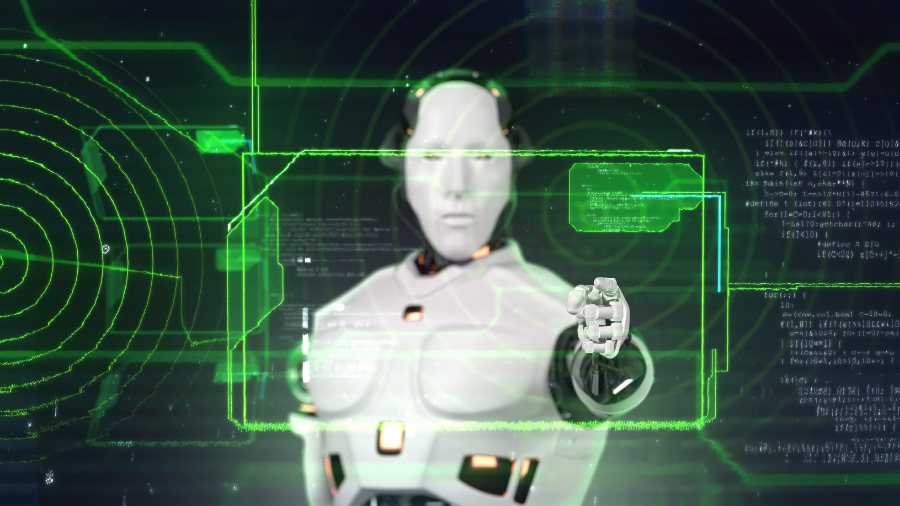 A futuristic AI-powered robot interacting with a holographic interface, featuring green digital HUD elements and a high-tech cybernetic design.
