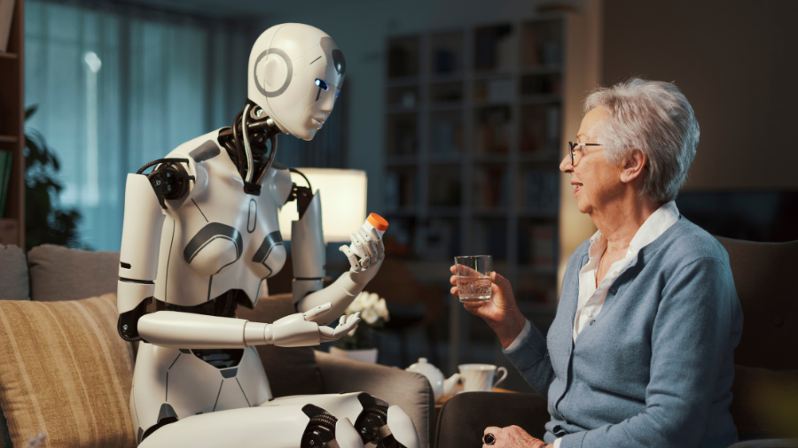 A humanoid robot assisting an elderly woman by handing her medication in a cozy home setting, representing AI in elderly care.