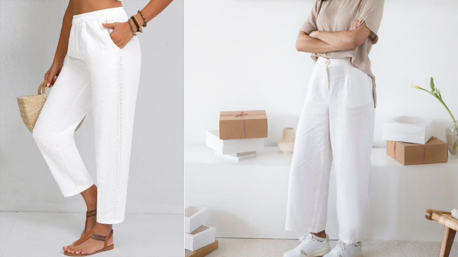 Two styles of white pants: cropped with lace trim on the left, wide-leg with a tie belt on the right.