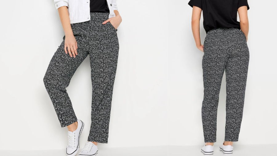Black and white patterned straight-leg pants shown from front and back views.