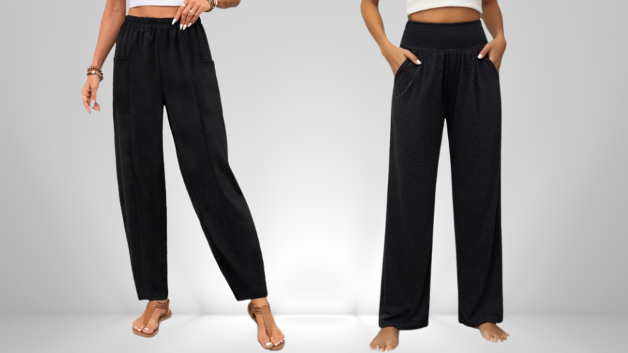 Black high-waisted, wide-leg pants with pockets shown from front views.