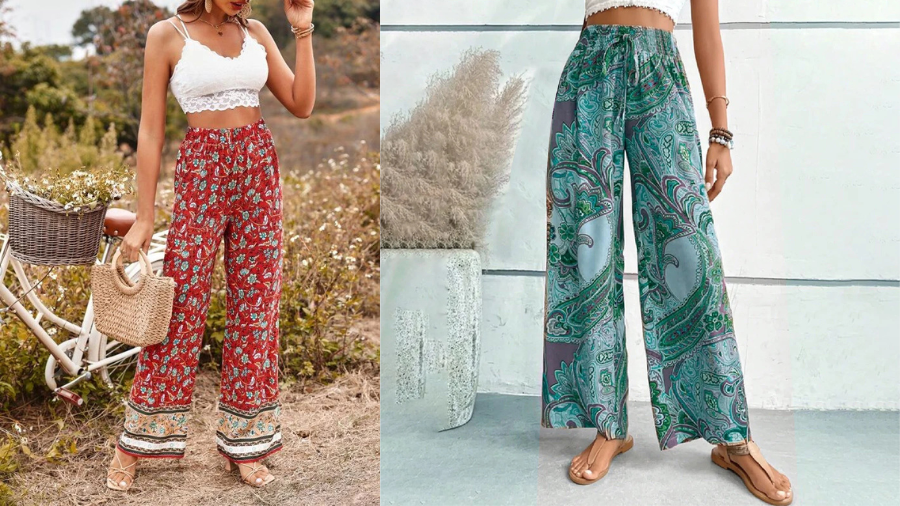 Two women wearing boho-style wide-leg pants; the left outfit features red floral print pants with a white lace crop top, while the right outfit showcases green paisley print pants with a white bandeau top