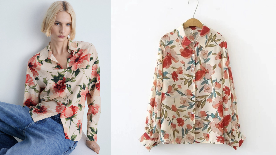 Woman wearing a beige button-up blouse with a red and green floral print, paired with blue jeans; the same blouse is shown hanging on a hanger.