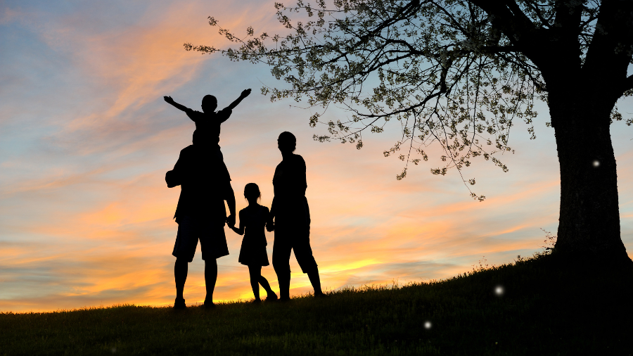 Silhouette of a family with two children enjoying sunset outdoors, one child on an adult's shoulders, under a blossoming tree.