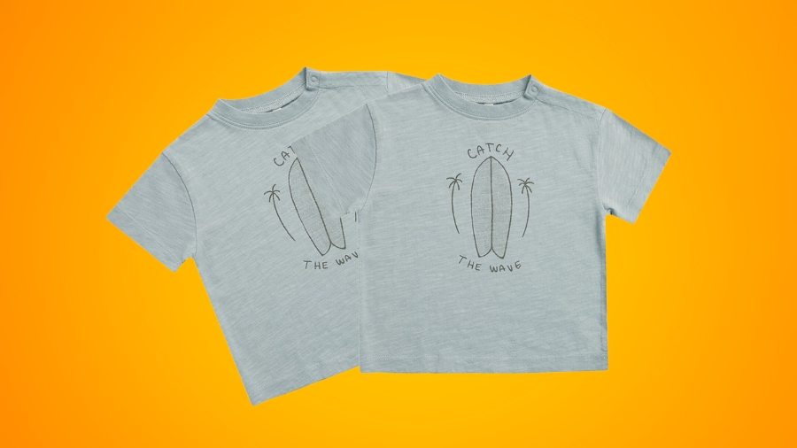 Two light blue T-shirts with a surfboard design and the words "Catch the Wave" on an orange background.