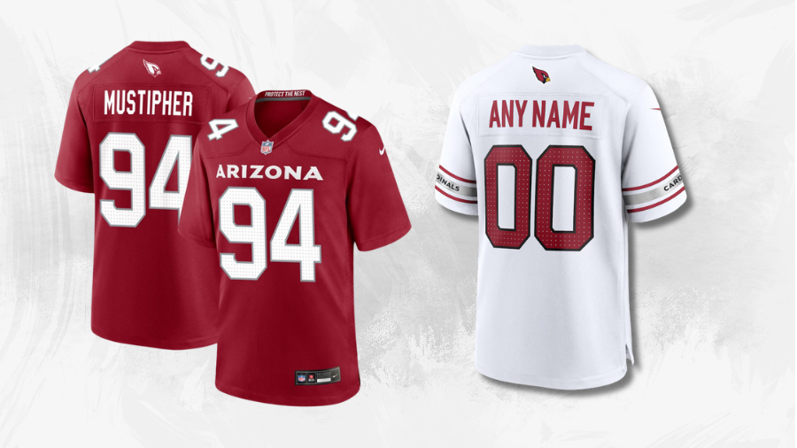 Arizona Cardinals jerseys, featuring a red number 94 jersey with "Mustipher" on the back and a customizable white jersey with "Any Name" and number 00.