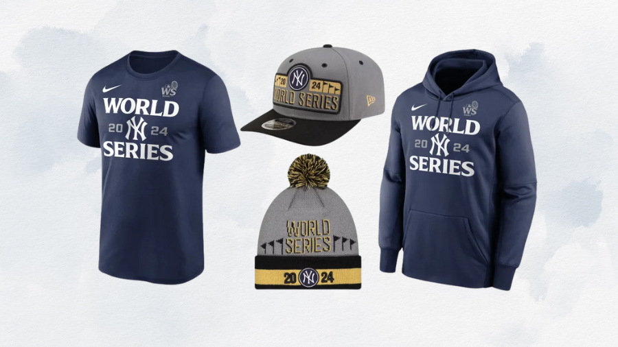 New York Yankees 2024 World Series apparel collection, including a navy blue T-shirt, matching hoodie, a gray and black snapback cap, and a gray and gold knit beanie with a pom-pom.