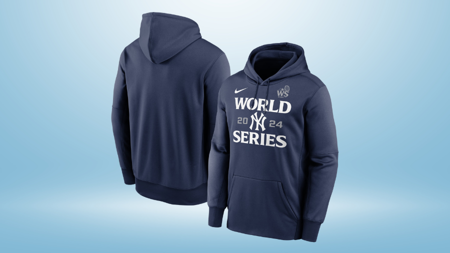 Navy blue New York Yankees 2024 World Series hoodie featuring the team's logo and championship text on the front, with a plain back design.